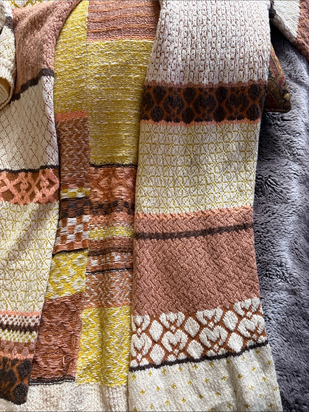 Black Tape_ Multicolor Patchwork Knit Cardigan in Cream, Brown & Yellow - Picture 6 of 11